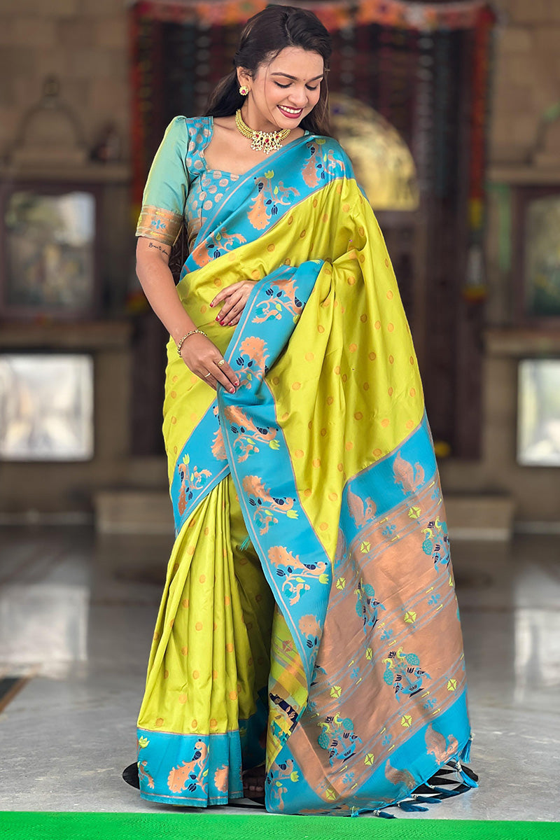 Glorious Parrot Paithani Silk Saree With Hypnotic Blouse Piece