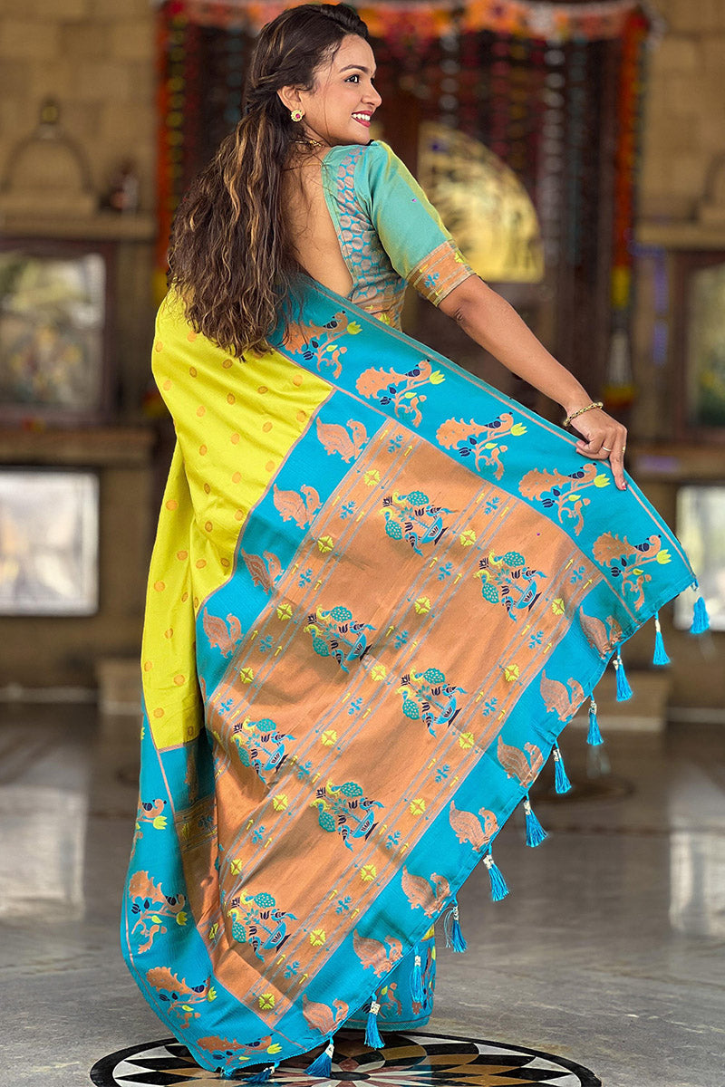 Glorious Parrot Paithani Silk Saree With Hypnotic Blouse Piece