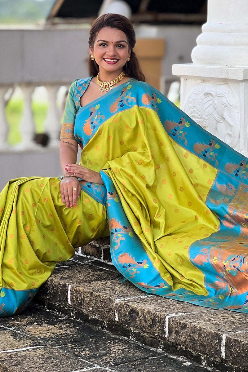 Glorious Parrot Paithani Silk Saree With Hypnotic Blouse Piece