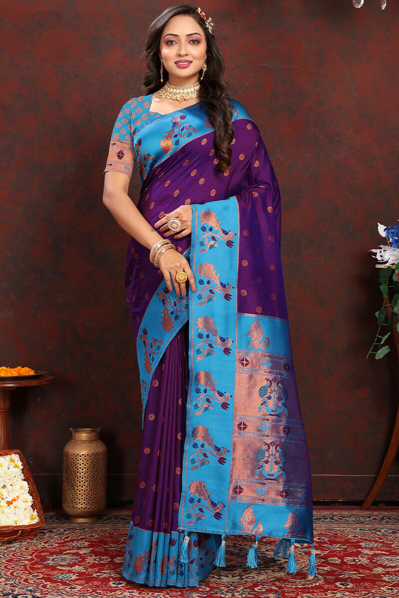 Most Stunning Purple Paithani Silk Saree With Opulent Blouse Piece