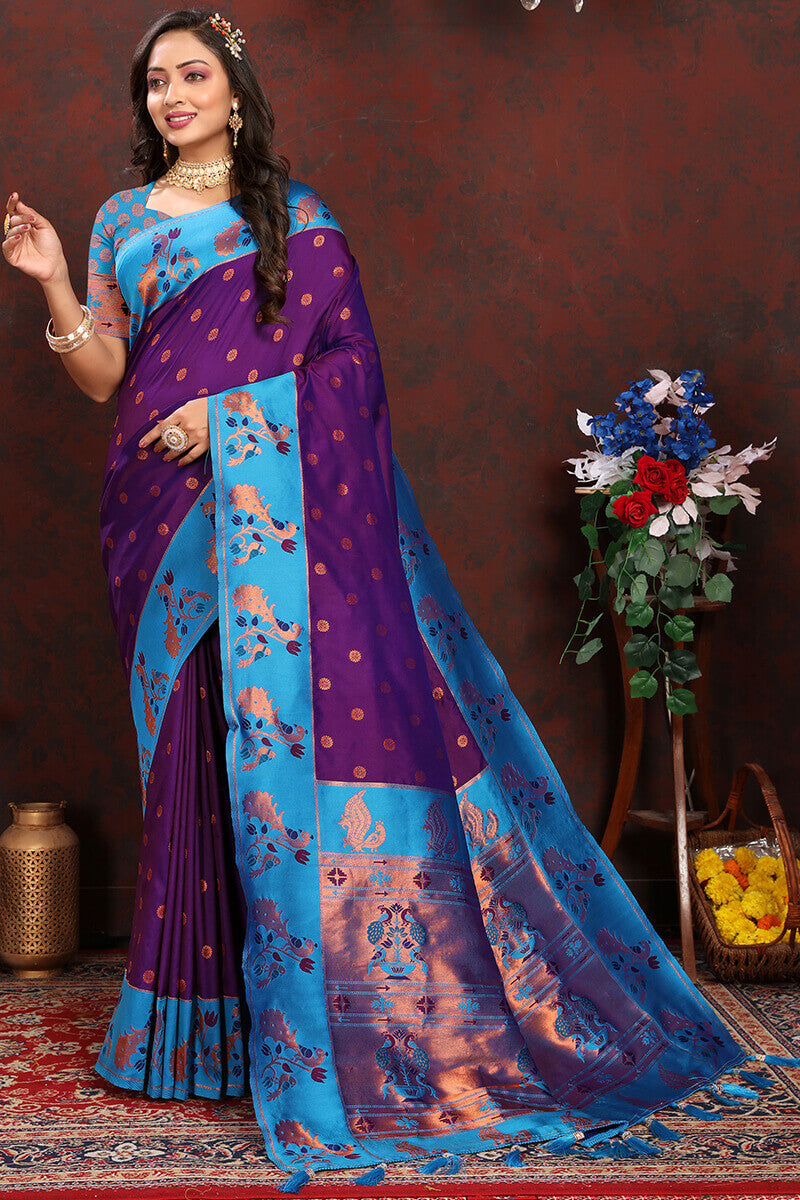 Most Stunning Purple Paithani Silk Saree With Opulent Blouse Piece