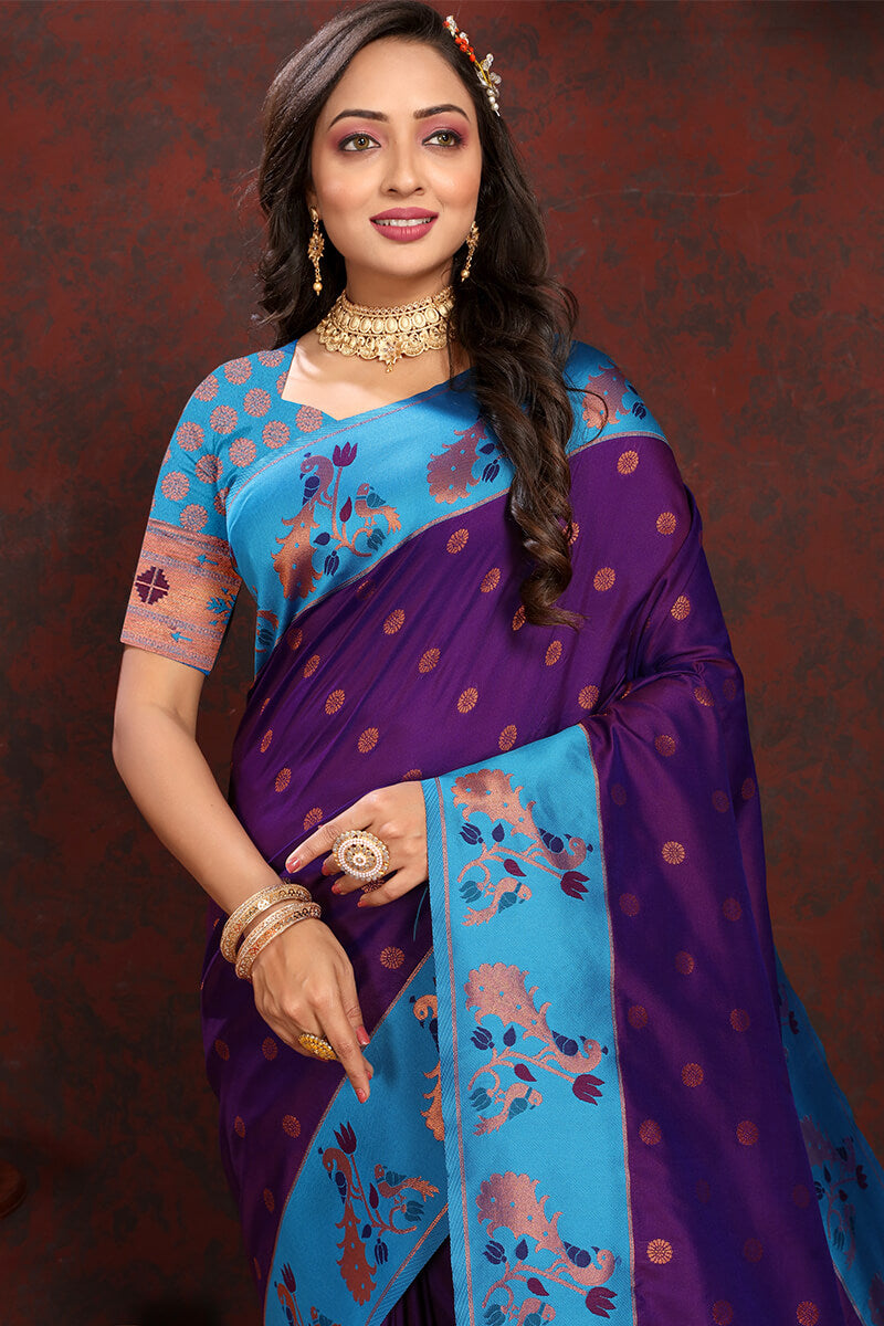 Most Stunning Purple Paithani Silk Saree With Opulent Blouse Piece