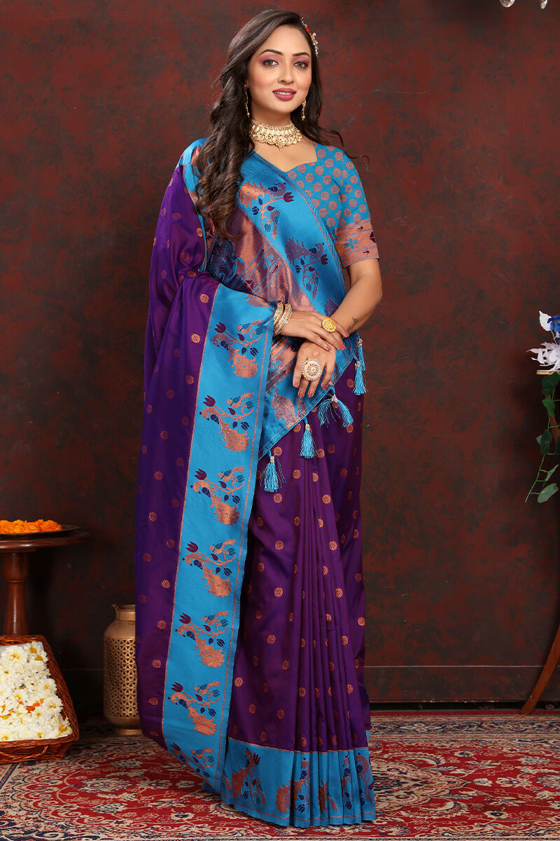 Most Stunning Purple Paithani Silk Saree With Opulent Blouse Piece