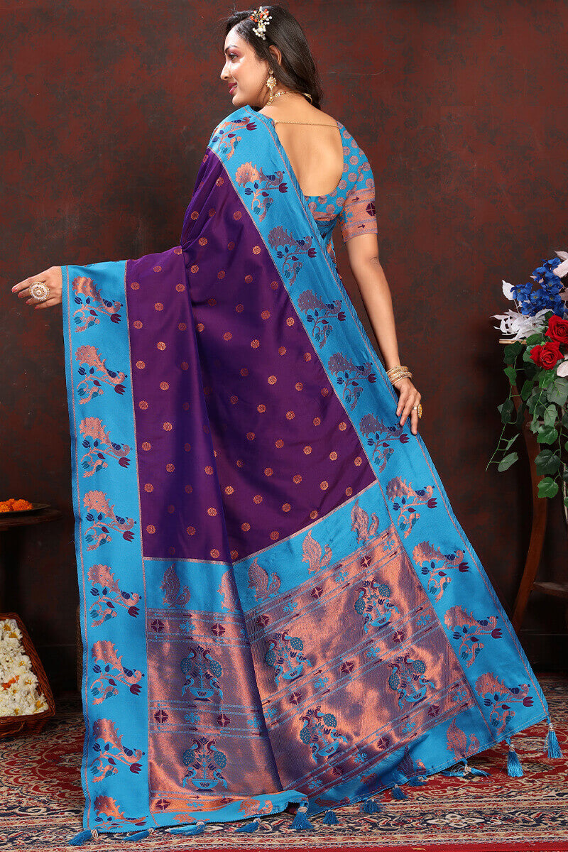 Most Stunning Purple Paithani Silk Saree With Opulent Blouse Piece