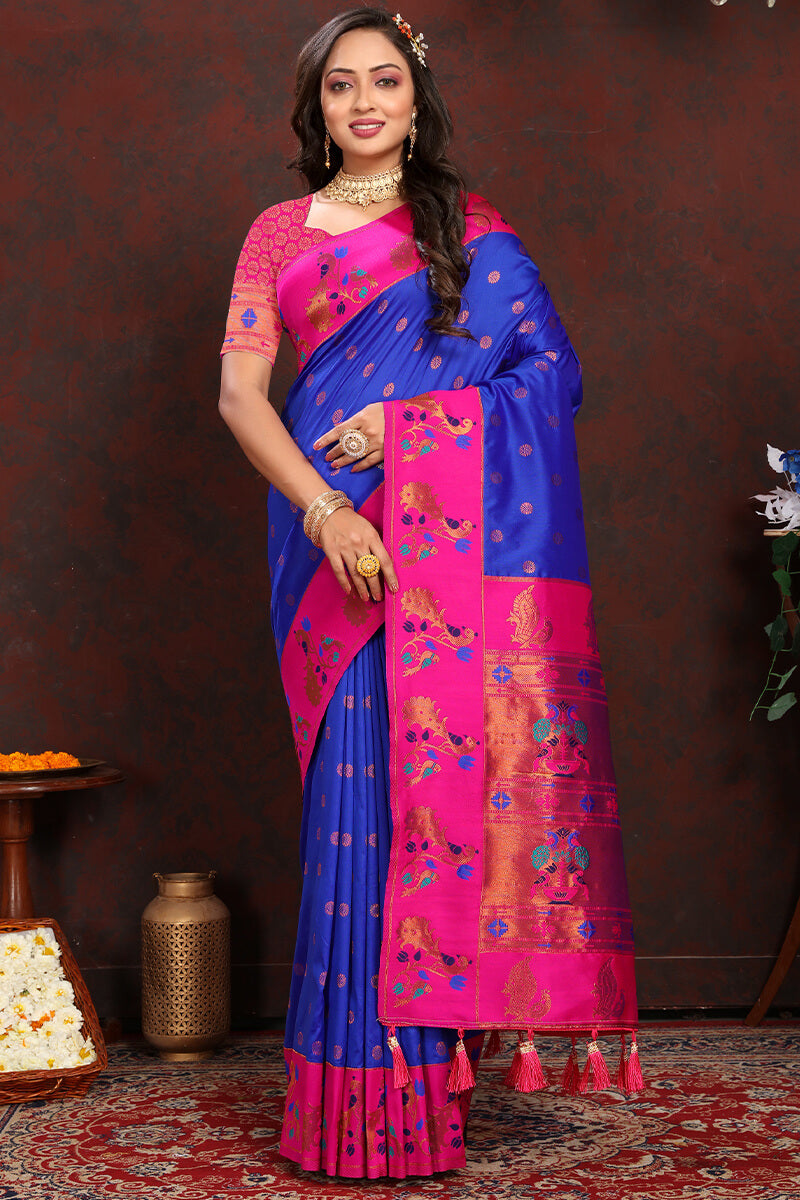 Inspiring Royal Blue Paithani Silk Saree With Ailurophile Blouse Piece