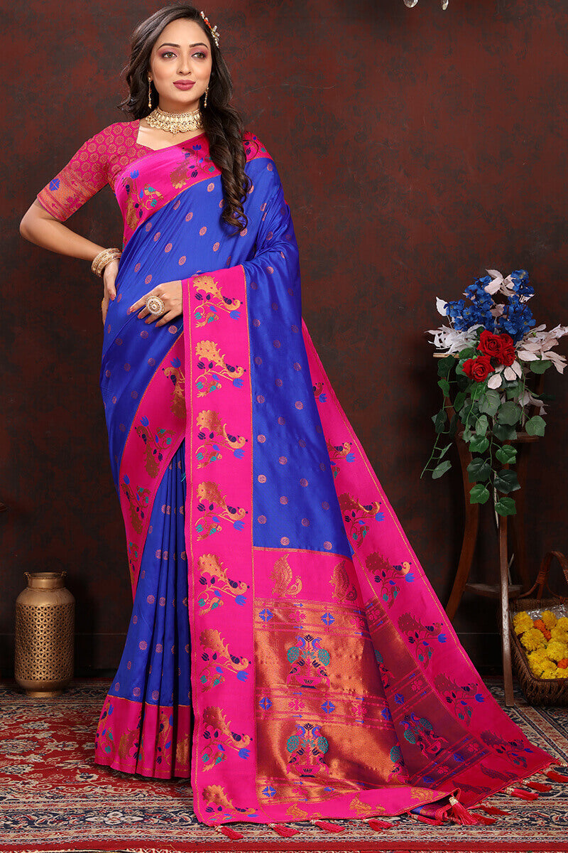 Inspiring Royal Blue Paithani Silk Saree With Ailurophile Blouse Piece