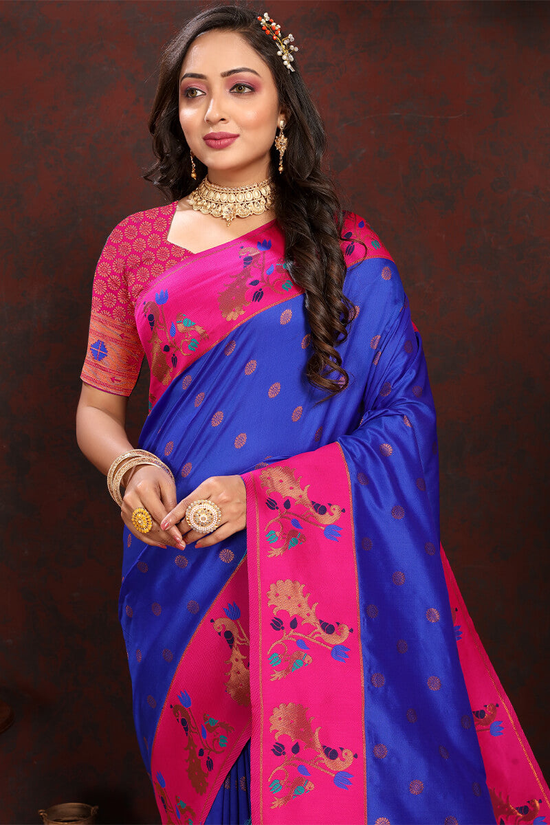 Inspiring Royal Blue Paithani Silk Saree With Ailurophile Blouse Piece