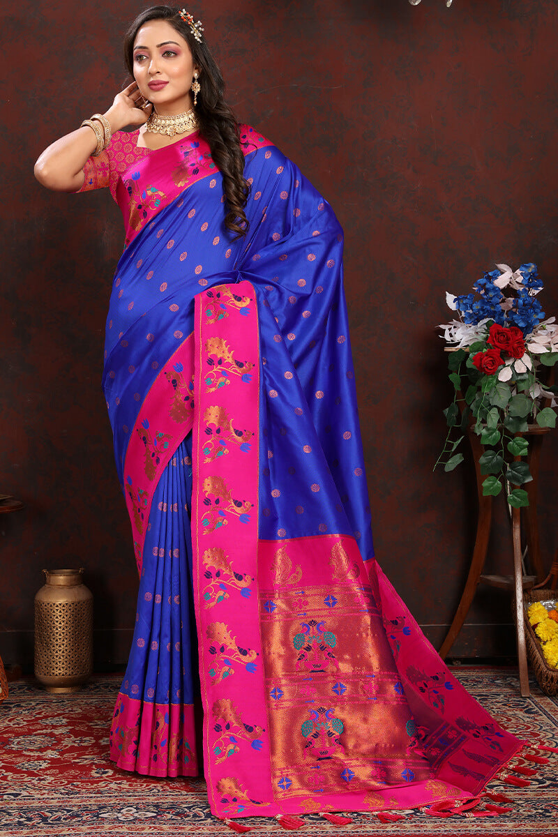 Inspiring Royal Blue Paithani Silk Saree With Ailurophile Blouse Piece