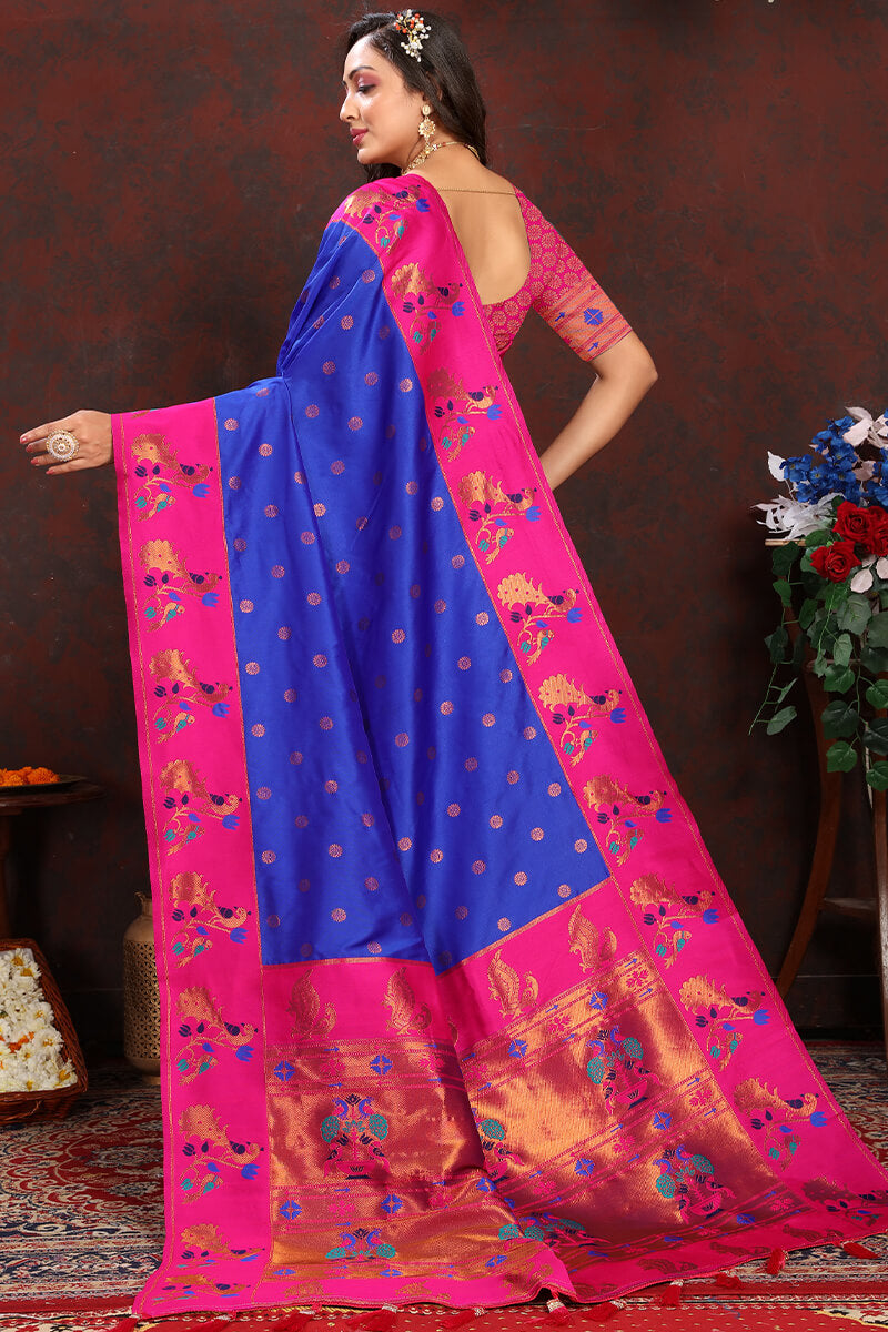 Inspiring Royal Blue Paithani Silk Saree With Ailurophile Blouse Piece