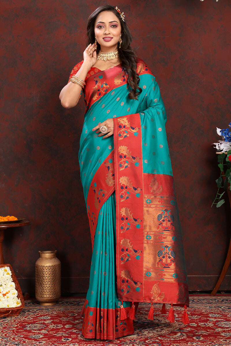 Twirling Sea Green Paithani Silk Saree With Assemblage Blouse Piece