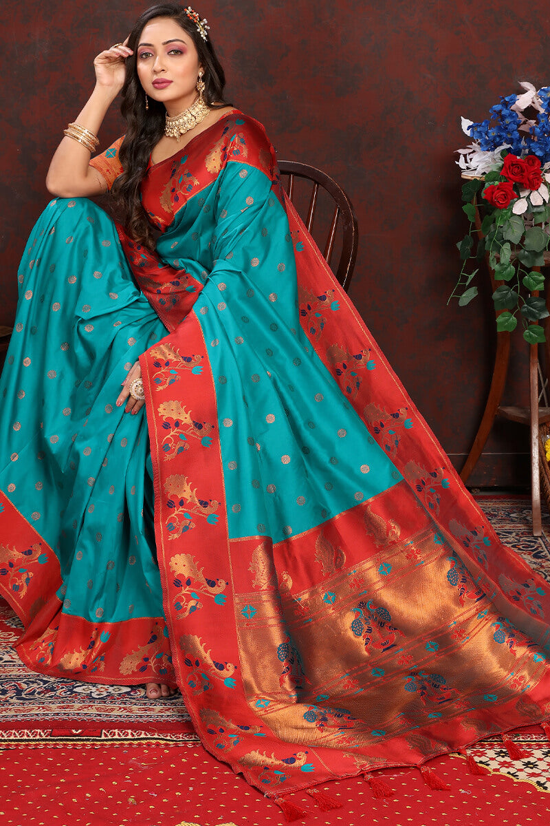 Twirling Sea Green Paithani Silk Saree With Assemblage Blouse Piece