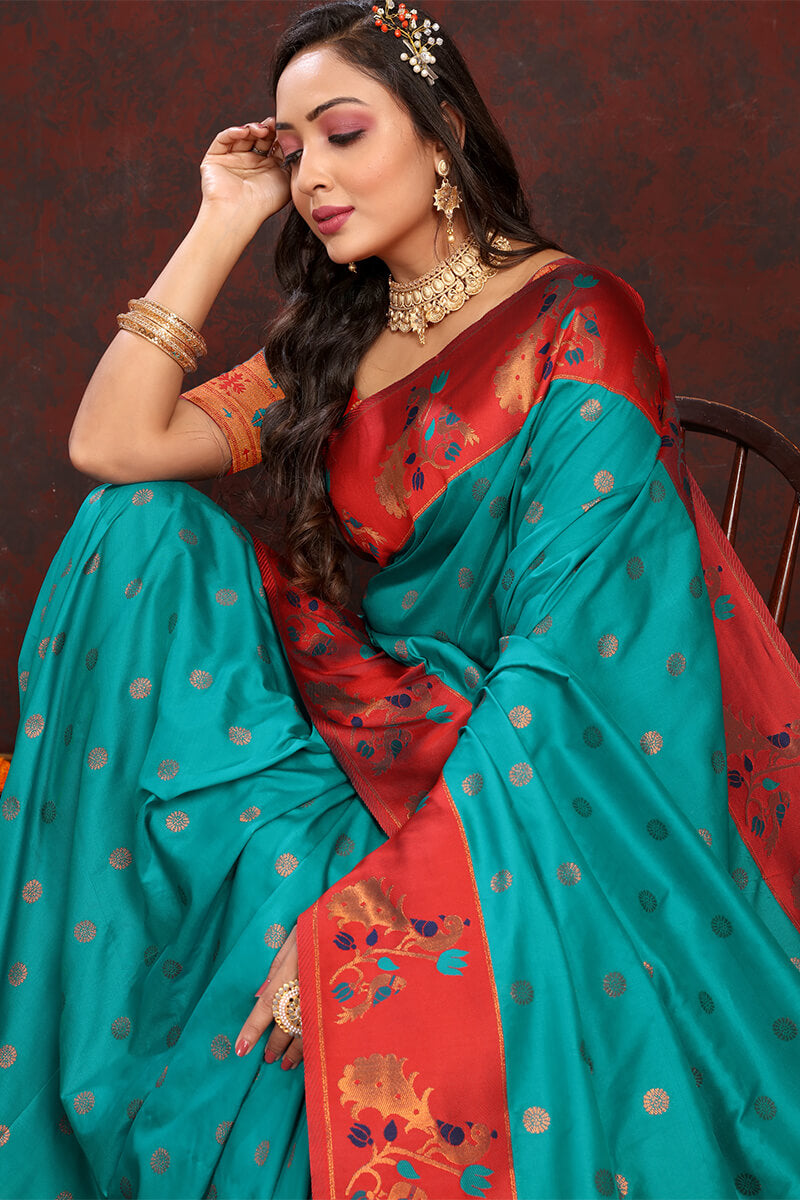 Twirling Sea Green Paithani Silk Saree With Assemblage Blouse Piece