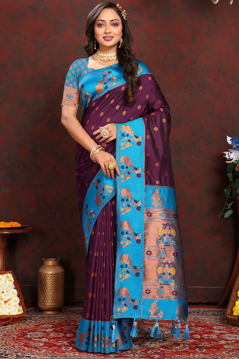 Prettiest Wine Paithani Silk Saree With Radiant Blouse Piece