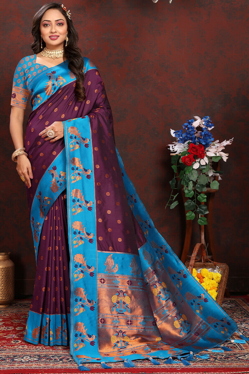 Prettiest Wine Paithani Silk Saree With Radiant Blouse Piece