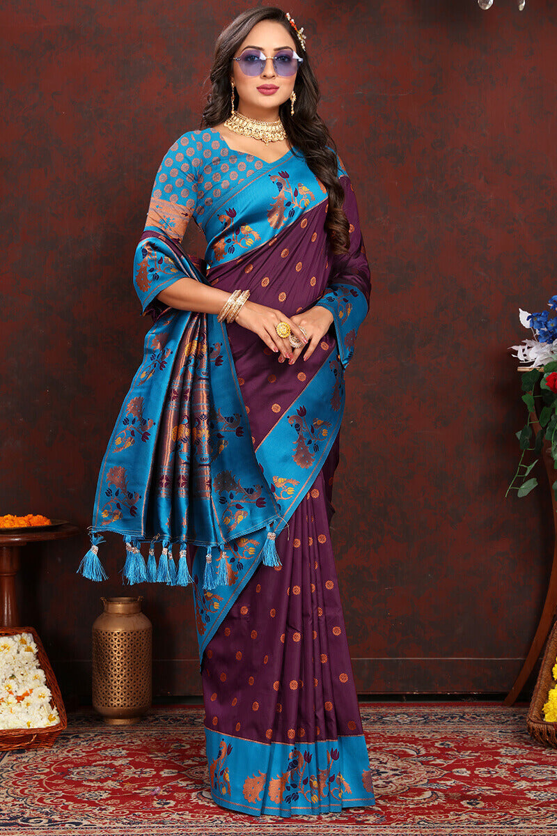 Prettiest Wine Paithani Silk Saree With Radiant Blouse Piece