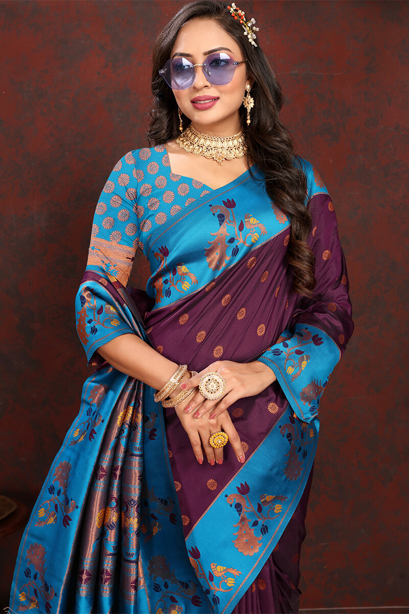 Prettiest Wine Paithani Silk Saree With Radiant Blouse Piece