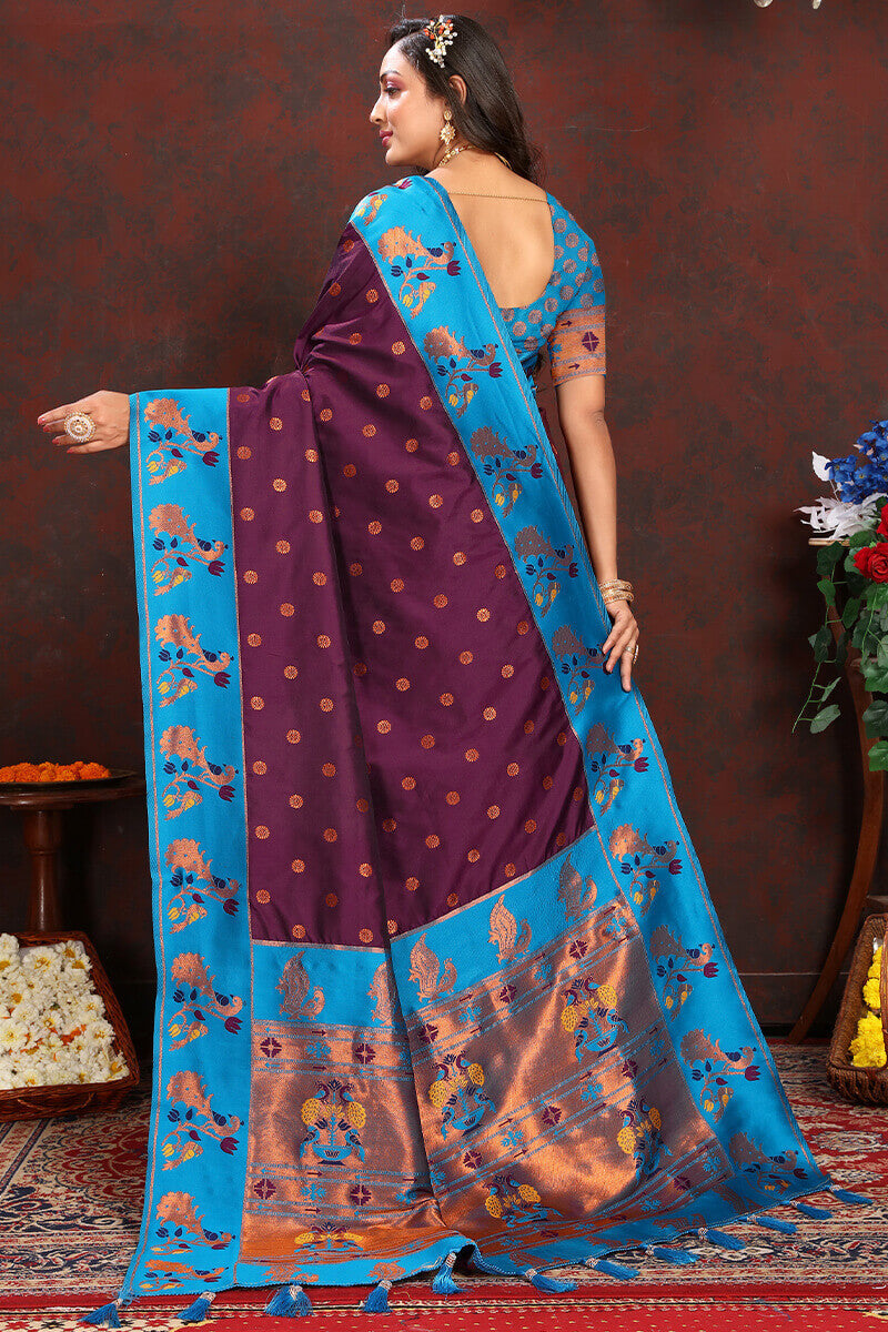 Prettiest Wine Paithani Silk Saree With Radiant Blouse Piece