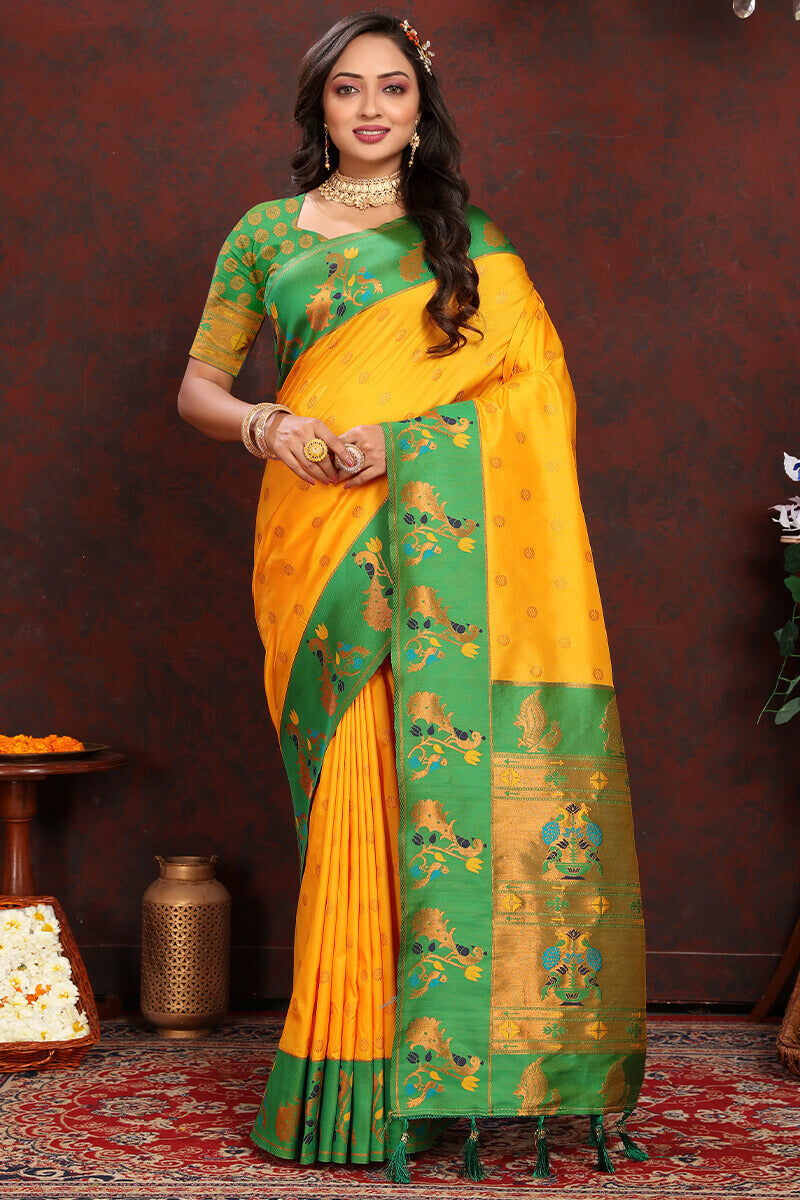 Desirable Yellow Paithani Silk Saree With Ravishing Blouse Piece