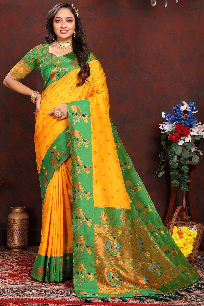 Desirable Yellow Paithani Silk Saree With Ravishing Blouse Piece