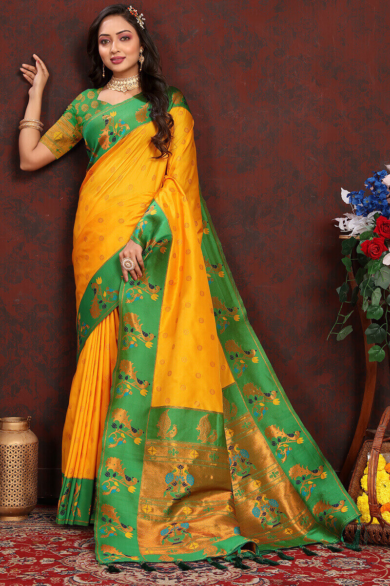 Desirable Yellow Paithani Silk Saree With Ravishing Blouse Piece