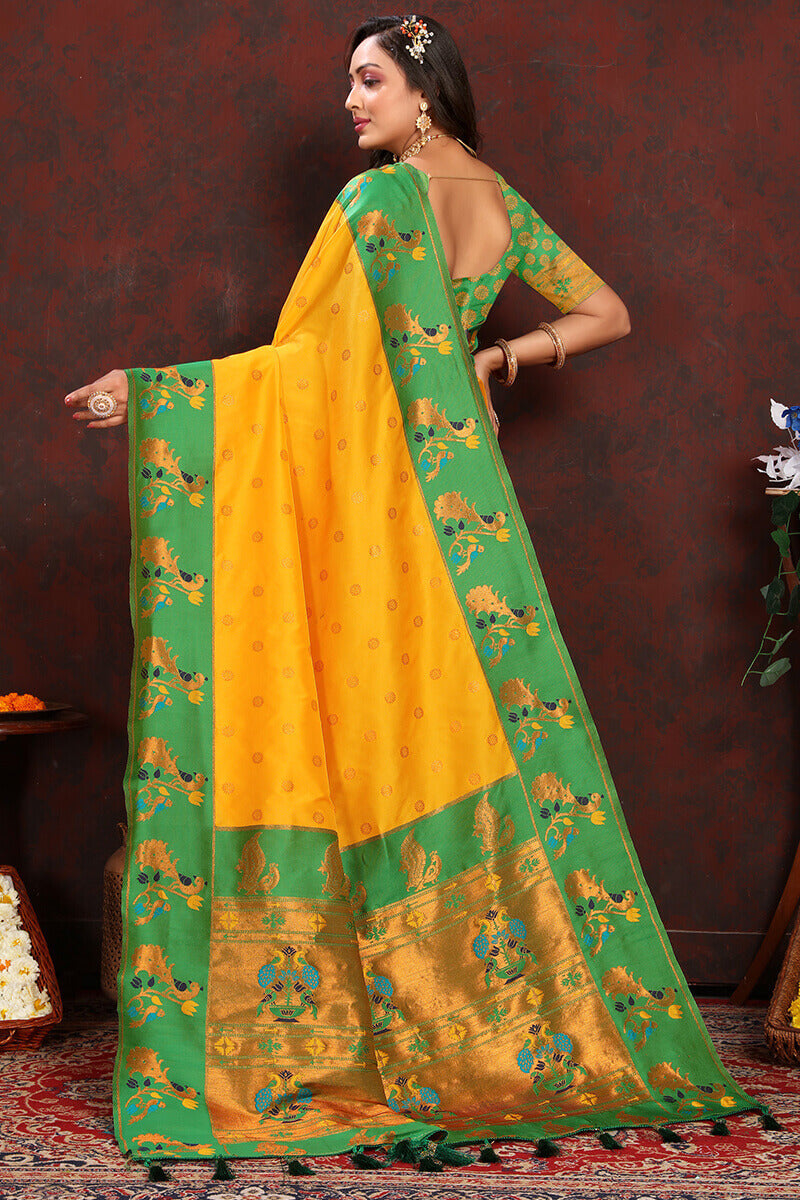 Desirable Yellow Paithani Silk Saree With Ravishing Blouse Piece