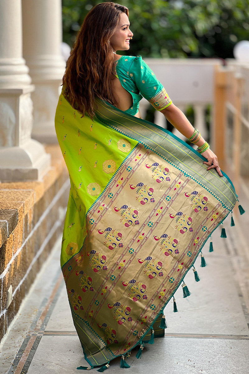 Hypnotic Parrot Paithani Silk Saree With Demanding Blouse Piece