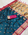 Flamboyant Teal Blue Paithani Silk Saree With Traditional Blouse Piece