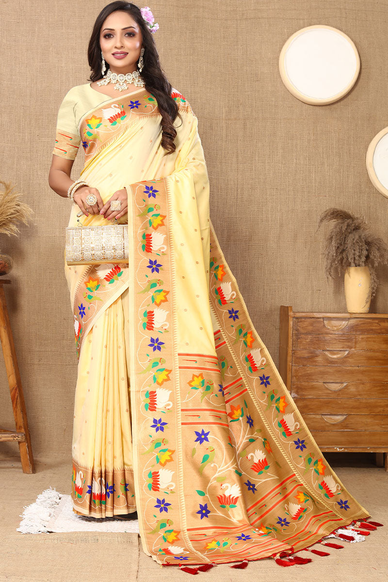 Flameboyant Beige Paithani Silk Saree With Arresting Blouse Piece