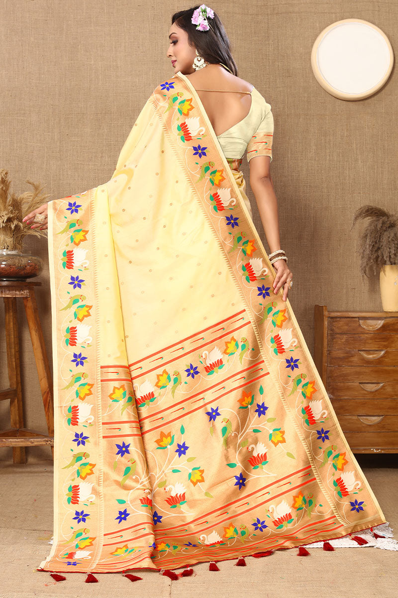 Flameboyant Beige Paithani Silk Saree With Arresting Blouse Piece