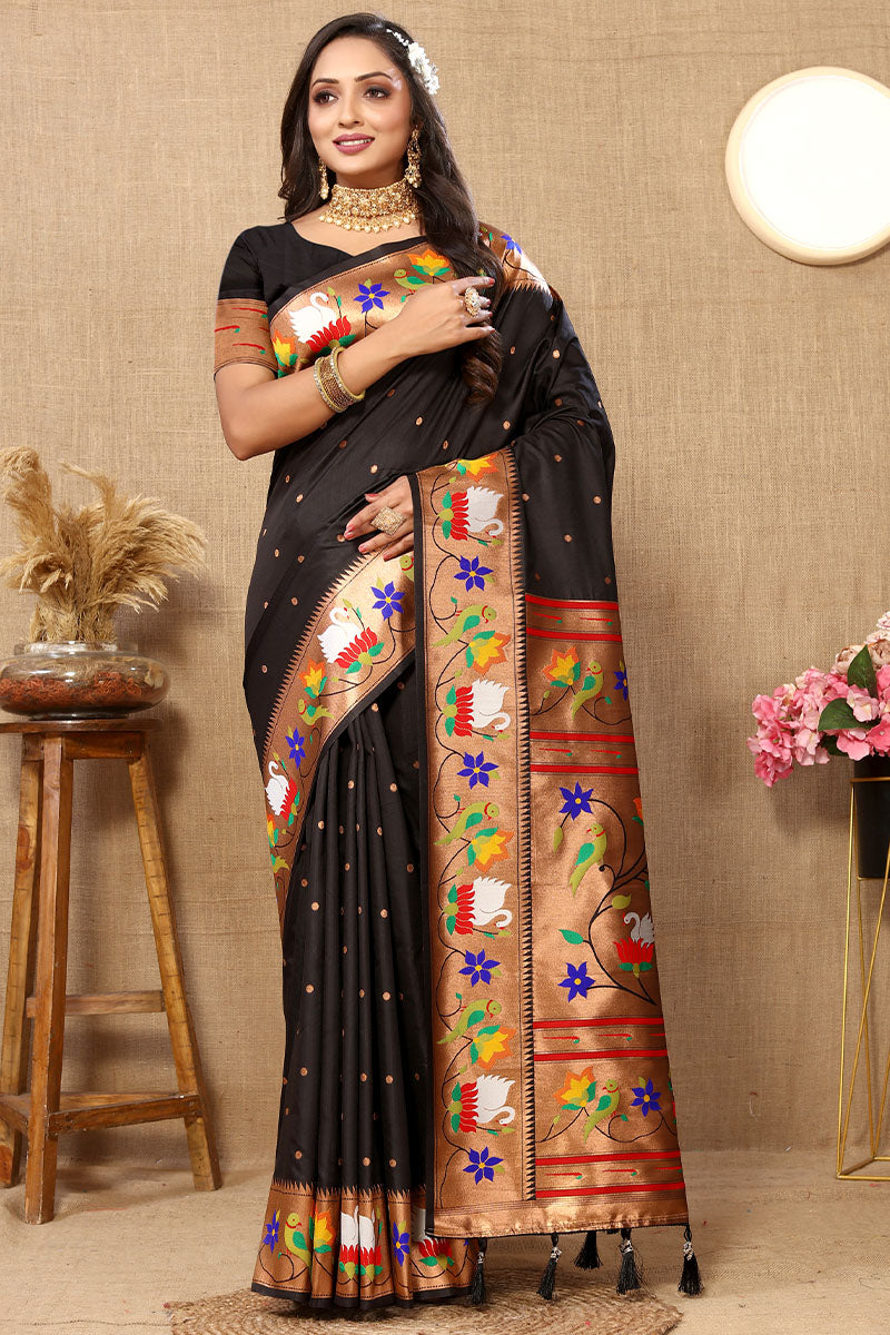 Fancifull Black Paithani Silk Saree With Captivating Blouse Piece