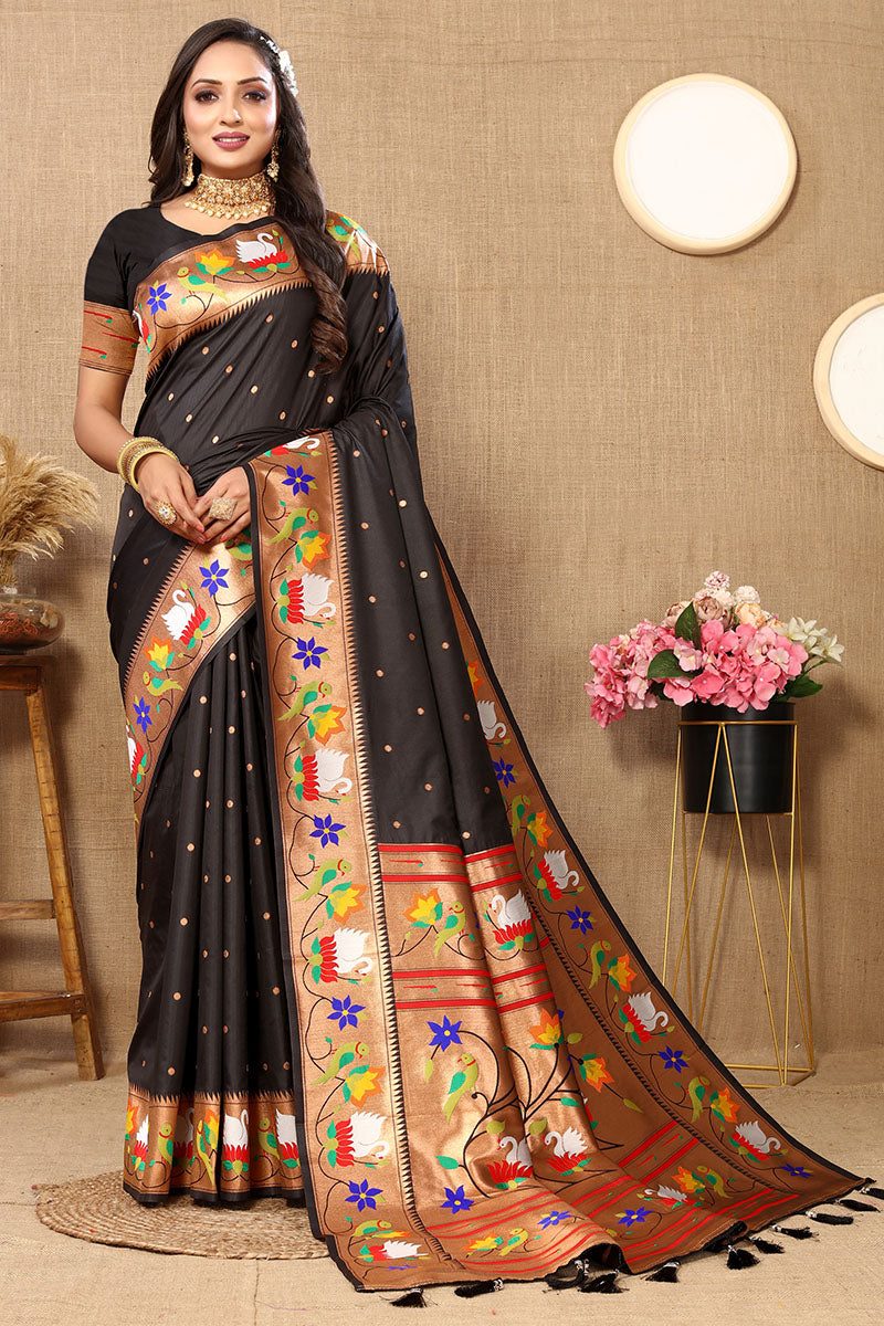 Fancifull Black Paithani Silk Saree With Captivating Blouse Piece