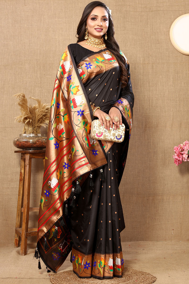 Fancifull Black Paithani Silk Saree With Captivating Blouse Piece