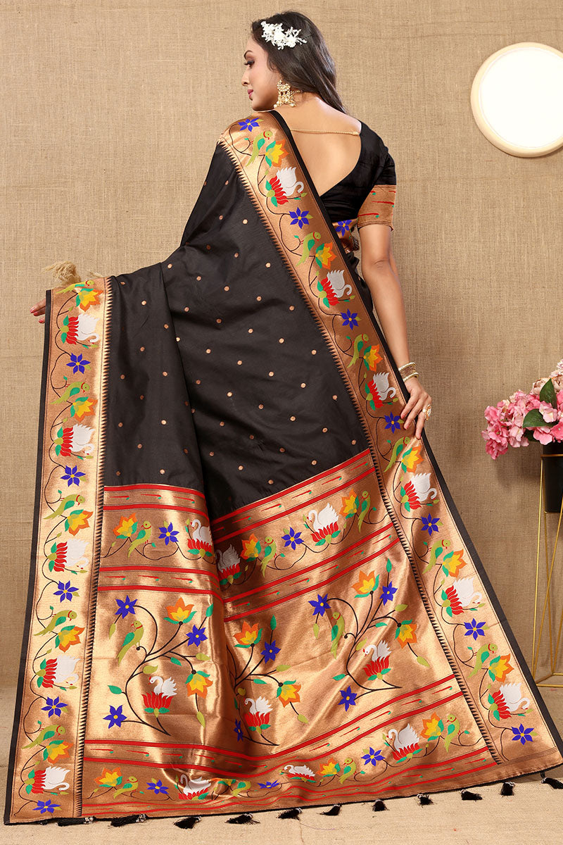 Fancifull Black Paithani Silk Saree With Captivating Blouse Piece