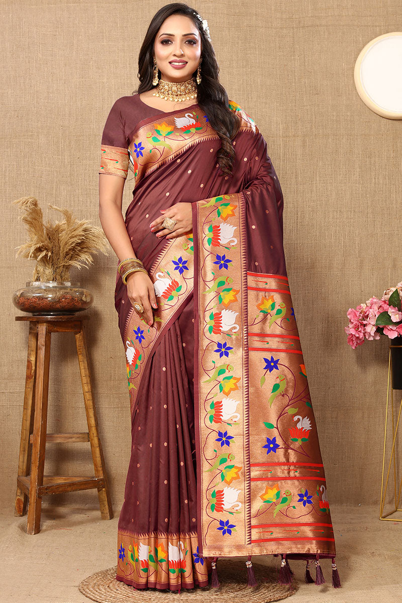 Delightful Brown Paithani Silk Saree With Adorable Blouse Piece