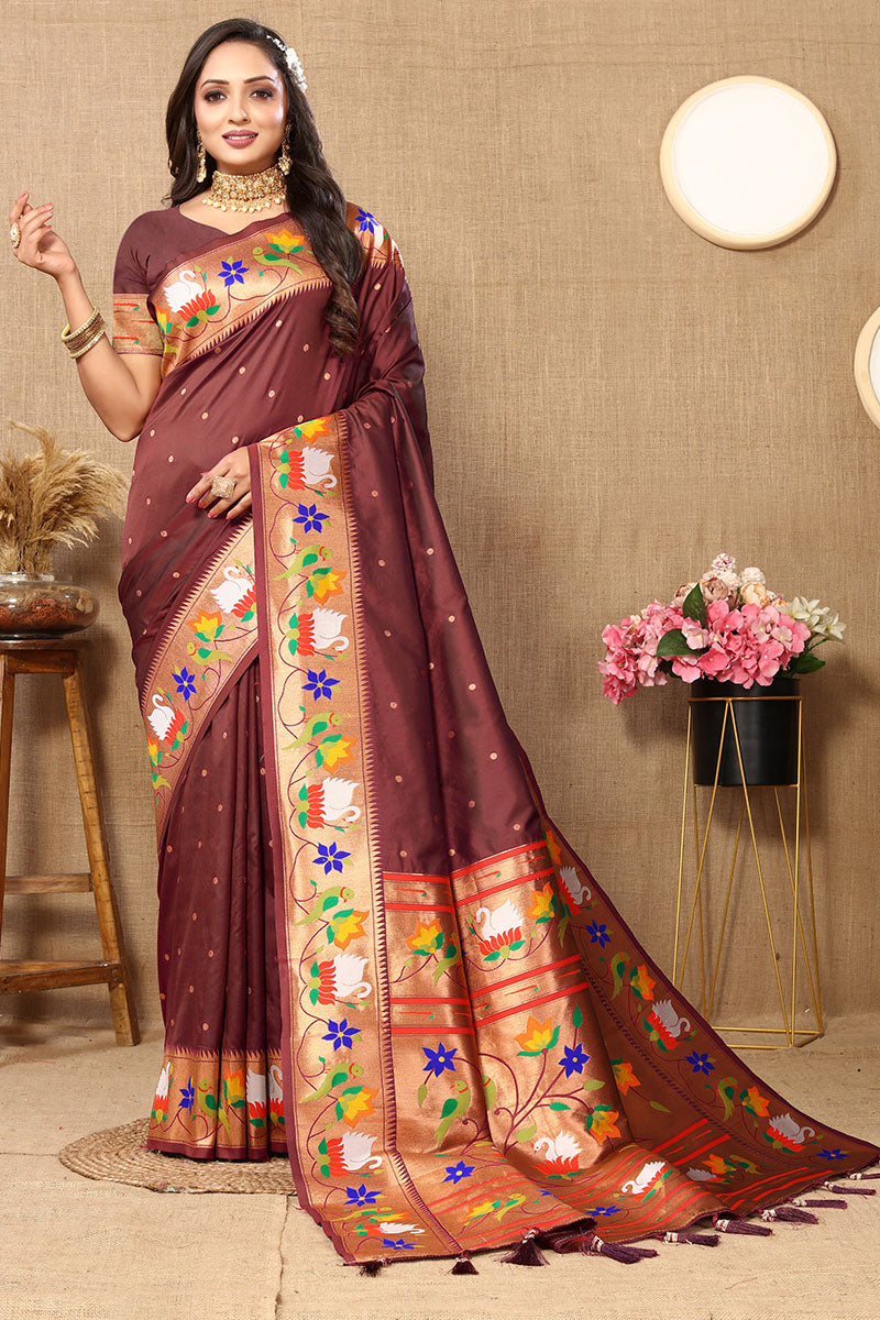 Delightful Brown Paithani Silk Saree With Adorable Blouse Piece