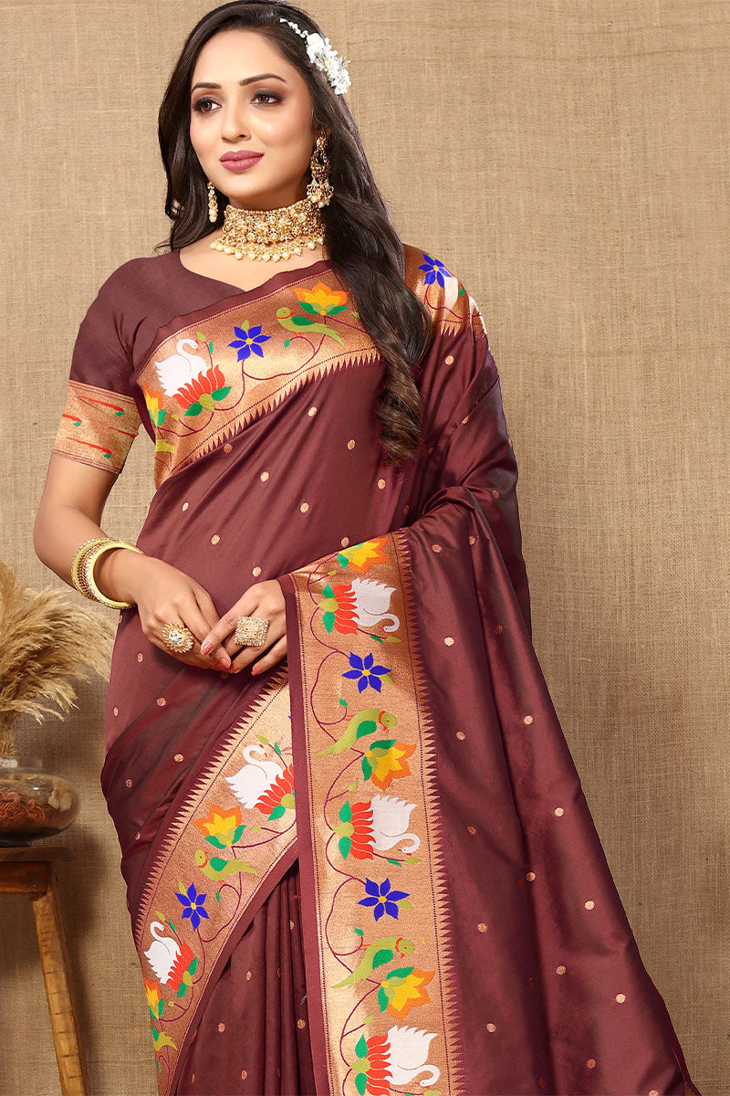 Delightful Brown Paithani Silk Saree With Adorable Blouse Piece