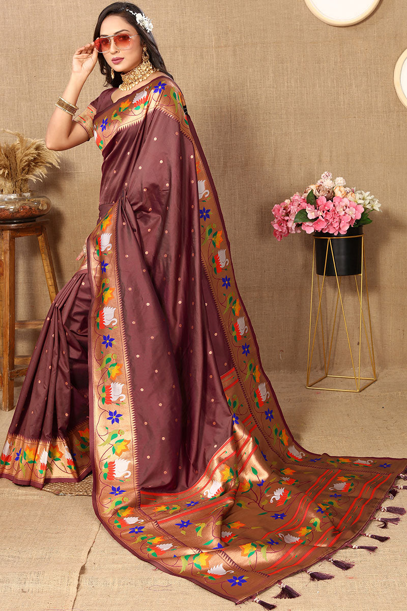 Delightful Brown Paithani Silk Saree With Adorable Blouse Piece