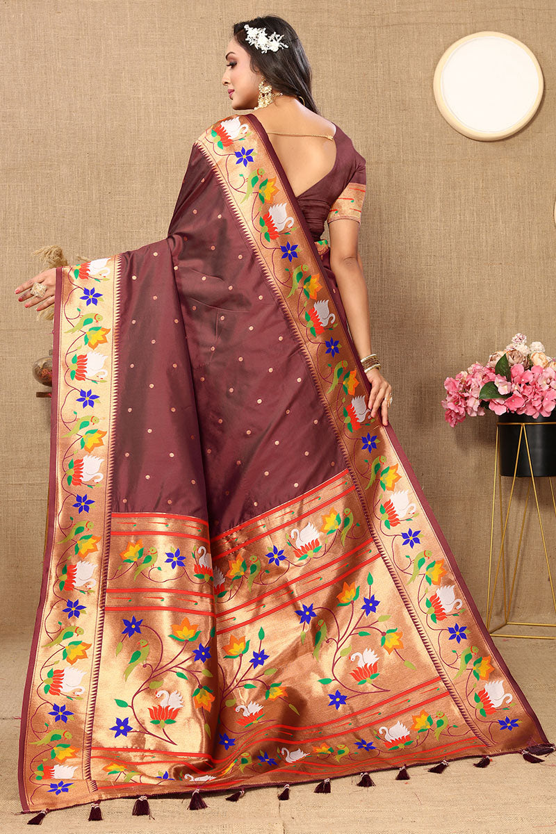 Delightful Brown Paithani Silk Saree With Adorable Blouse Piece