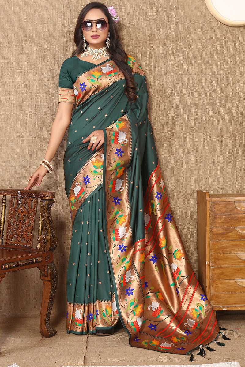 Flameboyant Dark Green Paithani Silk Saree With Beauteous Blouse Piece