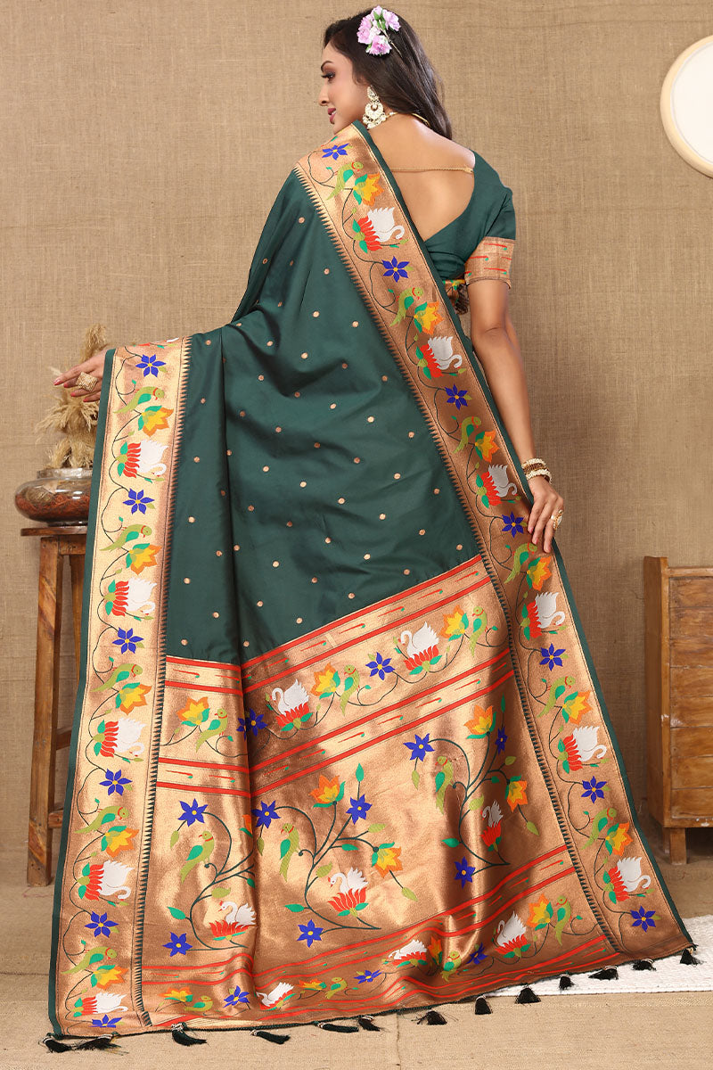 Flameboyant Dark Green Paithani Silk Saree With Beauteous Blouse Piece