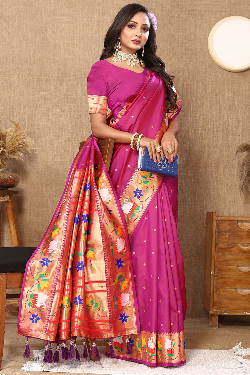 Prettiest Dark Pink Paithani Silk Saree With Excellent Blouse Piece