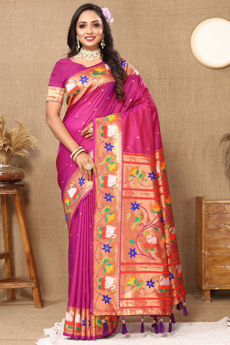 Prettiest Dark Pink Paithani Silk Saree With Excellent Blouse Piece