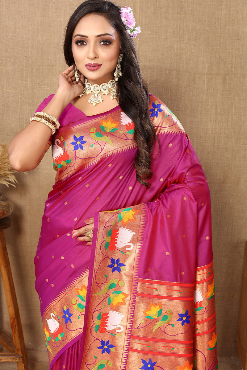 Prettiest Dark Pink Paithani Silk Saree With Excellent Blouse Piece