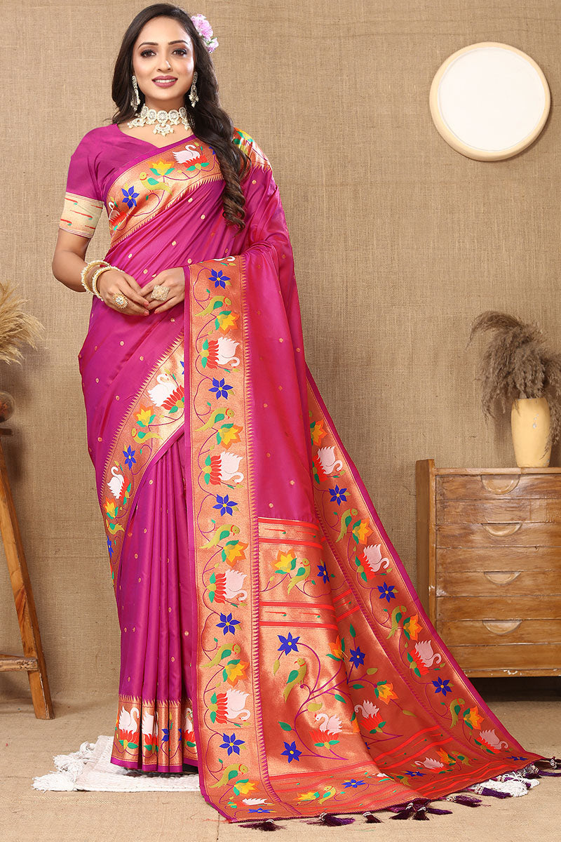 Prettiest Dark Pink Paithani Silk Saree With Excellent Blouse Piece