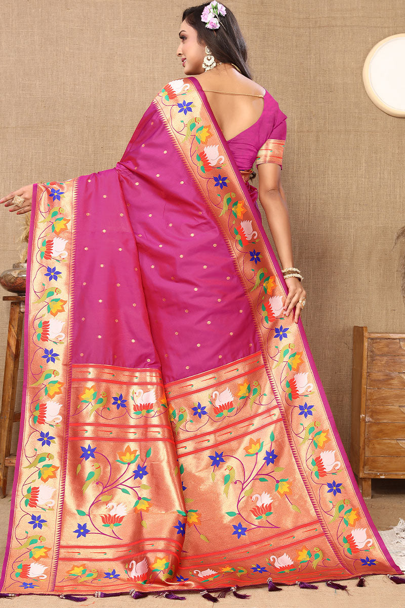 Prettiest Dark Pink Paithani Silk Saree With Excellent Blouse Piece