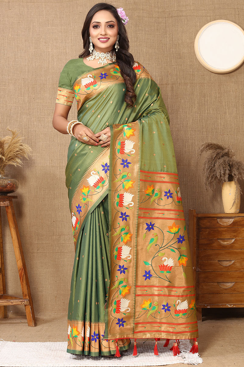 Flamboyant Mehndi Paithani Silk Saree With Ethnic Blouse Piece