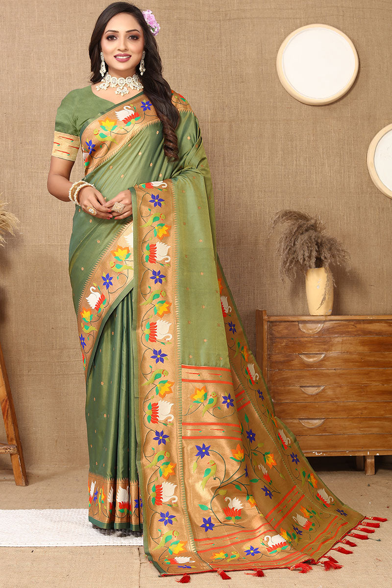 Flamboyant Mehndi Paithani Silk Saree With Ethnic Blouse Piece