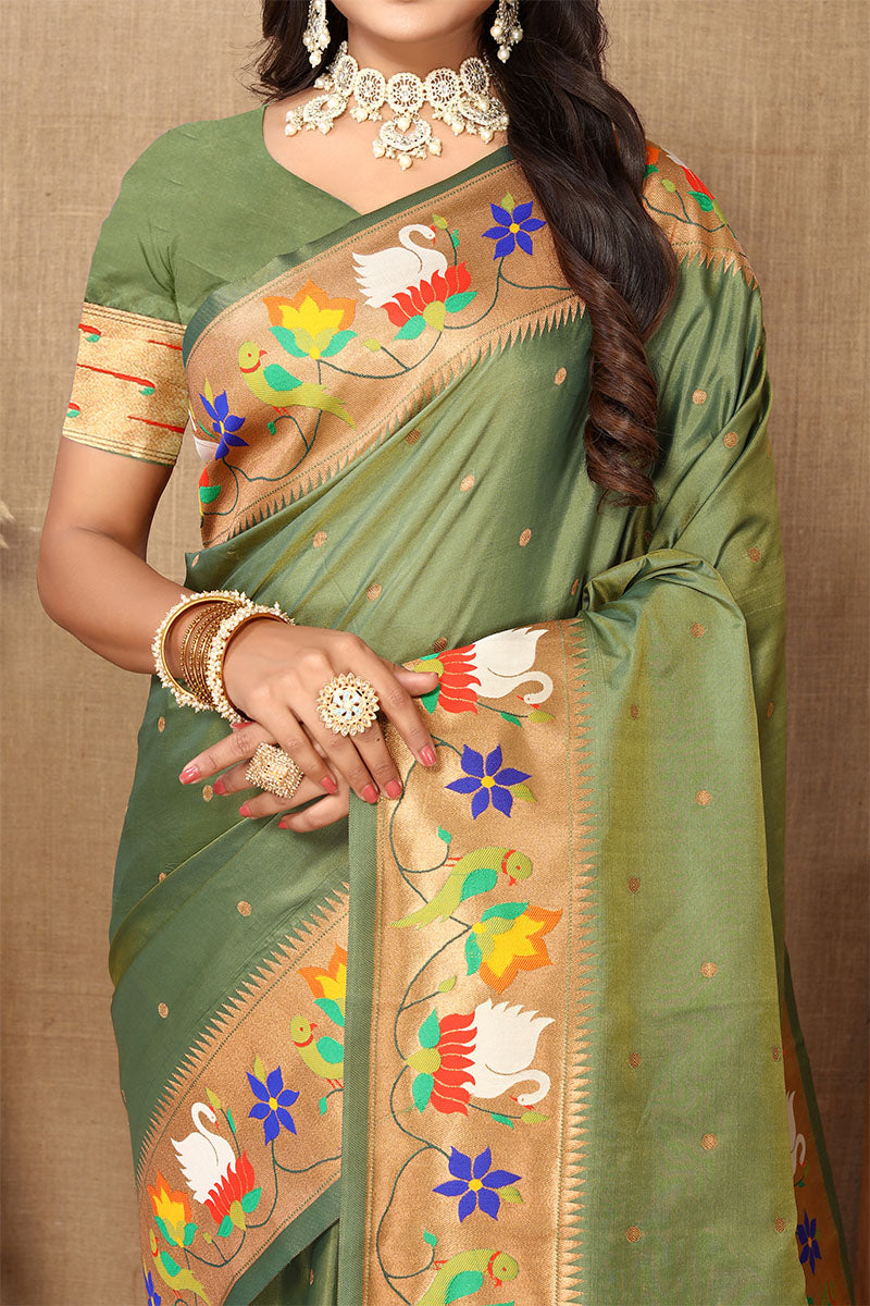 Flamboyant Mehndi Paithani Silk Saree With Ethnic Blouse Piece