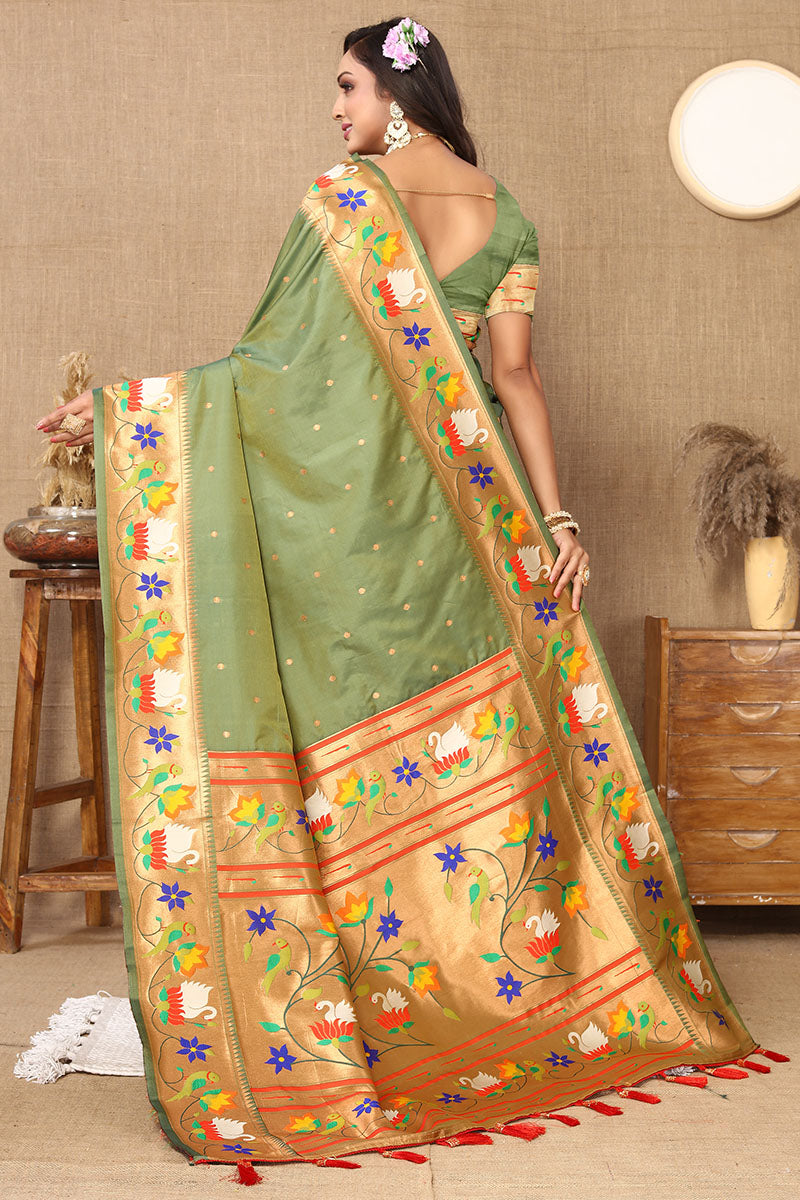 Flamboyant Mehndi Paithani Silk Saree With Ethnic Blouse Piece