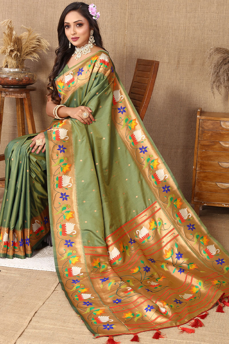 Flamboyant Mehndi Paithani Silk Saree With Ethnic Blouse Piece